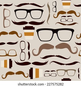 Seamless pattern background with different hipster glasses mustaches elements