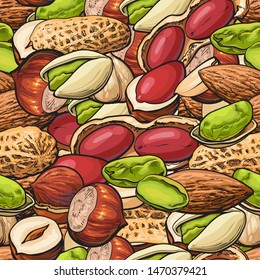 Seamless pattern or background with different nuts in nutsheels sketch colorful vector illustration. Food and snack endless texture with mixed nuts for food package.