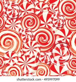 Seamless pattern background with different red and white sweet lollipop candies. Vector illustration