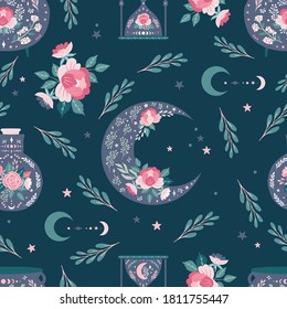 Seamless pattern background, digital paper with mystical moon, enchanting whimsical flowers, celestial patterns design for fabric, stationery, wallpaper, gift wrapping, scrapbook paper.