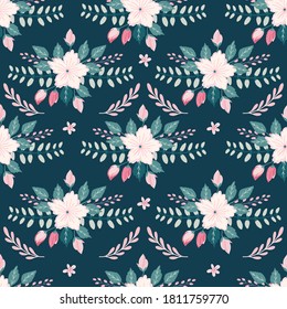 Seamless pattern background, digital paper with enchanting whimsical flowers, hand drawn vector branches  for fabric, stationery, wallpaper, gift wrapping, scrapbook paper.