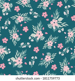 Seamless pattern background, digital paper with enchanting whimsical flowers, hand drawn vector branches  for fabric, stationery, wallpaper, gift wrapping, scrapbook paper.