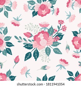 Seamless pattern background, digital paper with enchanting whimsical flowers, hand drawn vector branches  for fabric, stationery, wallpaper, gift wrapping, scrapbook paper.