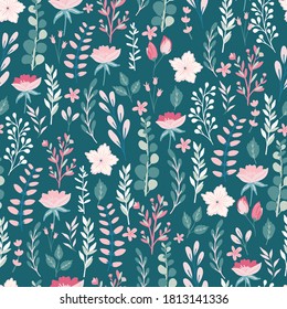 Seamless pattern background, digital paper with enchanting whimsical flowers, hand drawn vector branches  for fabric, stationery, wallpaper, gift wrapping, scrapbook paper.