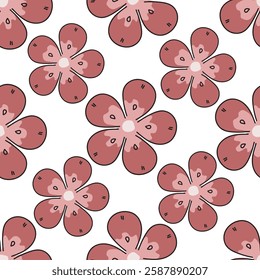Seamless pattern background, digital paper with enchanting whimsical flowers, hand drawn vector branches for fabric, stationery, wallpaper, gift wrapping, scrapbook paper