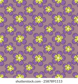 Seamless pattern background, digital paper with enchanting whimsical flowers, hand drawn vector branches for fabric, stationery, wallpaper, gift wrapping, scrapbook paper