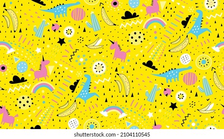 Fondo de patrón sin foco con dinosaurios unicornios y arcos sobre banano amarillo, patrón repetido para el diseño de decoración. Impresión textil para niños y niñas. Diseño de diseño de estilo vectorial a mano.