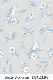 Seamless pattern, background with dog-rose, briar, brier, eglantine, canker-rose and nightingale. Template for wedding invitation, greeting card, gift voucher. Graphic drawing,  Vector illustration.