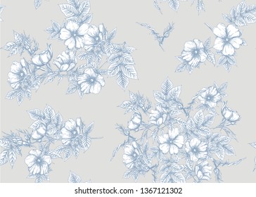 Seamless pattern, background with dog-rose, briar, brier, eglantine, canker-rose . Template for wedding invitation, greeting card, gift voucher. Graphic drawing,  Vector illustration.