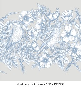 Seamless pattern, background with dog-rose, briar, brier, eglantine, canker-rose and nightingale. Template for wedding invitation, greeting card, gift voucher. Graphic drawing,  Vector illustration.