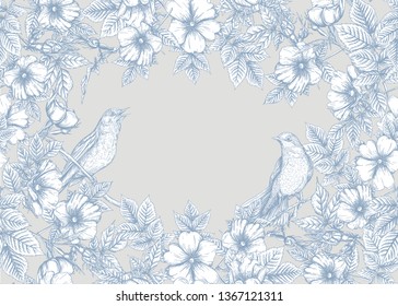 Seamless pattern, background with dog-rose, briar, brier, eglantine, canker-rose and nightingale. Template for wedding invitation, greeting card, gift voucher. Graphic drawing,  Vector illustration.