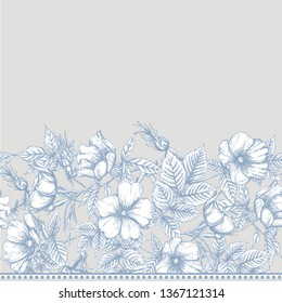 Seamless pattern, background with dog-rose, briar, brier, eglantine, canker-rose . Template for wedding invitation, greeting card, gift voucher. Graphic drawing,  Vector illustration.