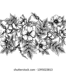 Seamless pattern, background with dog-rose, briar, brier, eglantine, canker-rose. Template for wedding invitation, greeting card, gift voucher. Graphic drawing Vector illustration in black and white.