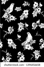 Seamless pattern, background with dog-rose, briar, brier, eglantine, canker-rose and nightingale. Template for wedding invitation, greeting card, gift voucher. Black and white graphics. Vector .