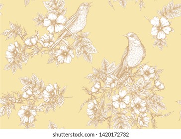 Seamless pattern, background with dog-rose, briar, brier, eglantine, canker-rose . Template for wedding invitation, greeting card, gift voucher. Graphic drawing,  Vector illustration.