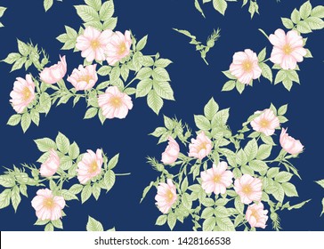 Seamless pattern, background with dog-rose, briar, brier, eglantine, canker-rose . Template for wedding invitation, greeting card, gift voucher. Graphic drawing,  Vector illustration.