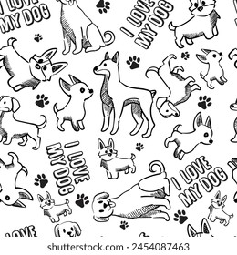 Seamless pattern background. Dogs and puppies, I love my pet, rottweiler dog, husky, corgi, dachshund