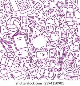 Motif harmonieux d'arrière-plan à partir d'éléments de gribouillage pour le loisir ou la profession et un mode de vie sain sur fond blanc. Créativité scolaire, sport de passion, finance, signes de musique, nourriture, communication