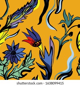 Seamless pattern background with doodle flowers and leaves elements. Hand drawn design in cute flat style.