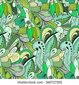 Seamless pattern background with doodle waves and leaves. Hand drawn illustration