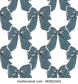 Seamless pattern background with dotted blue bow. Vector backdrop for holiday decorating greeting cards for wedding, bridal, birthday, Valentine's day, new year, Christmas.