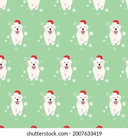 seamless pattern background drawing with labrador in a New Year's hat for the new year and christmas for printing on fabric or paper