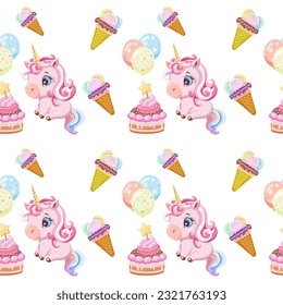 Seamless pattern background with drawn cartoon cute pink unicorns balloons and cake. Birthday unicorn. Isolated on white background. Design wallpaper, fabric, print, baby shower, scrapbooking. 