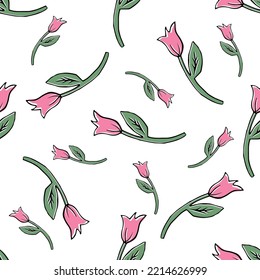 Seamless pattern background for Easter holiday with cute pink tulips. Childish print for card, wallpaper and decoration