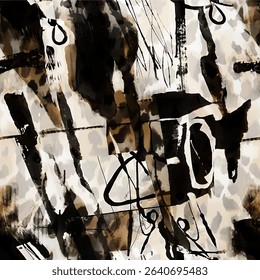 Seamless pattern background elements with hand drawn illustrated brush strokes in brown, black and white colors Leopard skin print, Artistic stylish vector repeating leopard animal skin, background