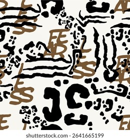 Seamless pattern background elements with hand drawn illustrated brush strokes in brown, white and black colors. abstract zebra, wild tiger, leopard skin seamless animal vector pattern