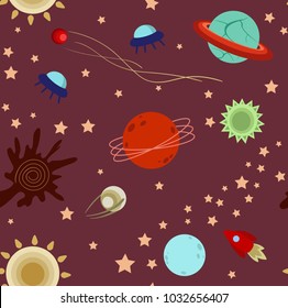 seamless pattern background: endless space, rockets, flying machines, stars, sun, planets, asteroids, meteorites, comets. Everything that is basically associated with space