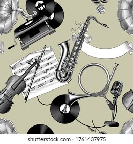 Seamless pattern background with engraved vintage drawing of musical instruments, gramophone, vinyl records and vintage audio equipment