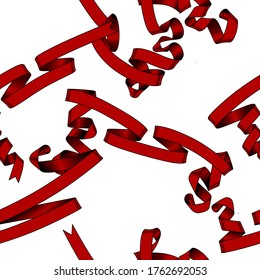 Seamless pattern background with engraved vintage drawing of red ribbons isolated on white. Vector illustration