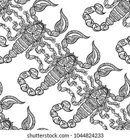 Seamless pattern, background with ethnic patterned ornate hand drawn Scorpio outline on white background . 