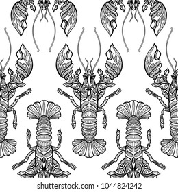 Seamless pattern, background with ethnic patterned ornate hand drawn Cancer. Outline on white background . 