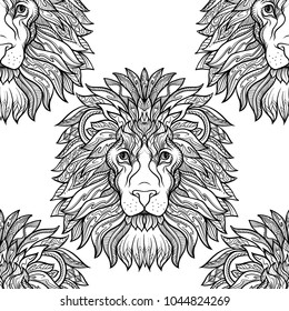 Seamless pattern, background with ethnic patterned ornate hand drawn head of leo, lion outline on white background . 