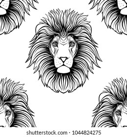 Seamless pattern, background with ethnic patterned ornate hand drawn head of leo, lion outline on white background . 