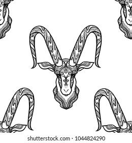 Seamless pattern, background with ethnic patterned ornate hand drawn head of Capricorn, goat outline on white background . 