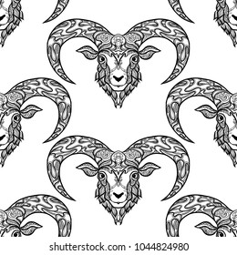 Seamless pattern, background with ethnic patterned ornate hand drawn head of Aries, sheep, ram outline on white background . 
