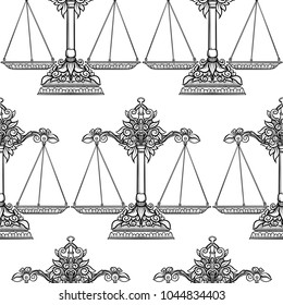 Seamless pattern, background with ethnic patterned ornate hand drawnweigher, scales, balance. Outline hand drawing. Can be used as coloring page for the adult coloring book.