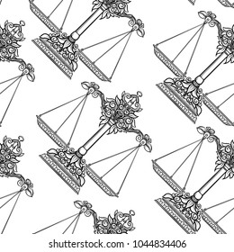 Seamless pattern, background with ethnic patterned ornate hand drawnweigher, scales, balance. Outline hand drawing. Can be used as coloring page for the adult coloring book.