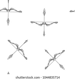 Seamless pattern, background with ethnic patterned ornate hand drawn bows and arrows. Outline hand drawing. Can be used as coloring page for the adult coloring book.