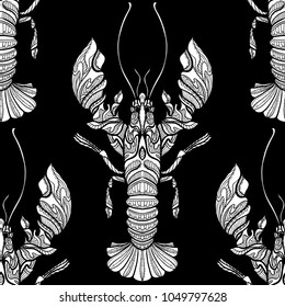 Seamless pattern, background with ethnic patterned ornate hand drawn of Cancer in white on black background . 