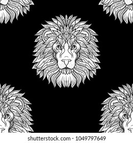 Seamless pattern, background with ethnic patterned ornate hand drawn head of leo, lion white on black background . 