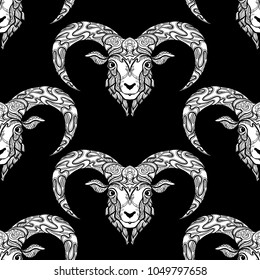 Seamless pattern, background with ethnic patterned ornate hand drawn head of Aries, sheep, ram  white on black background . 