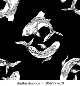 Seamless pattern, background with ethnic patterned ornate hand drawn fish white on black background . 