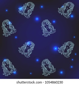 Seamless pattern, background with ethnic patterned ornate hand drawn portrait of young women in deep and light blue colors on space background with stars