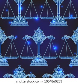 Seamless pattern, background with ethnic patterned ornate hand drawn weigher, scales, balance in deep and light blue colors on space background with stars