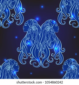 Seamless pattern, background with ethnic patterned ornate hand drawn portrait of young twins sisters in deep and light blue colors on space background with stars