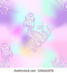 Seamless pattern, background with ethnic patterned ornate hand drawnantique water jug  in light ultra violet pastel colors on mesh pink, blue background 